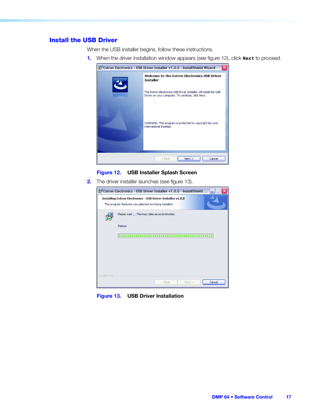 Extron electronic DMP 64 manual Install the USB Driver, USB Installer Splash Screen 