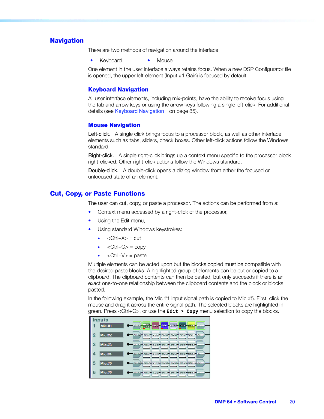 Extron electronic DMP 64 manual Cut, Copy, or Paste Functions, Keyboard Navigation, Mouse Navigation 