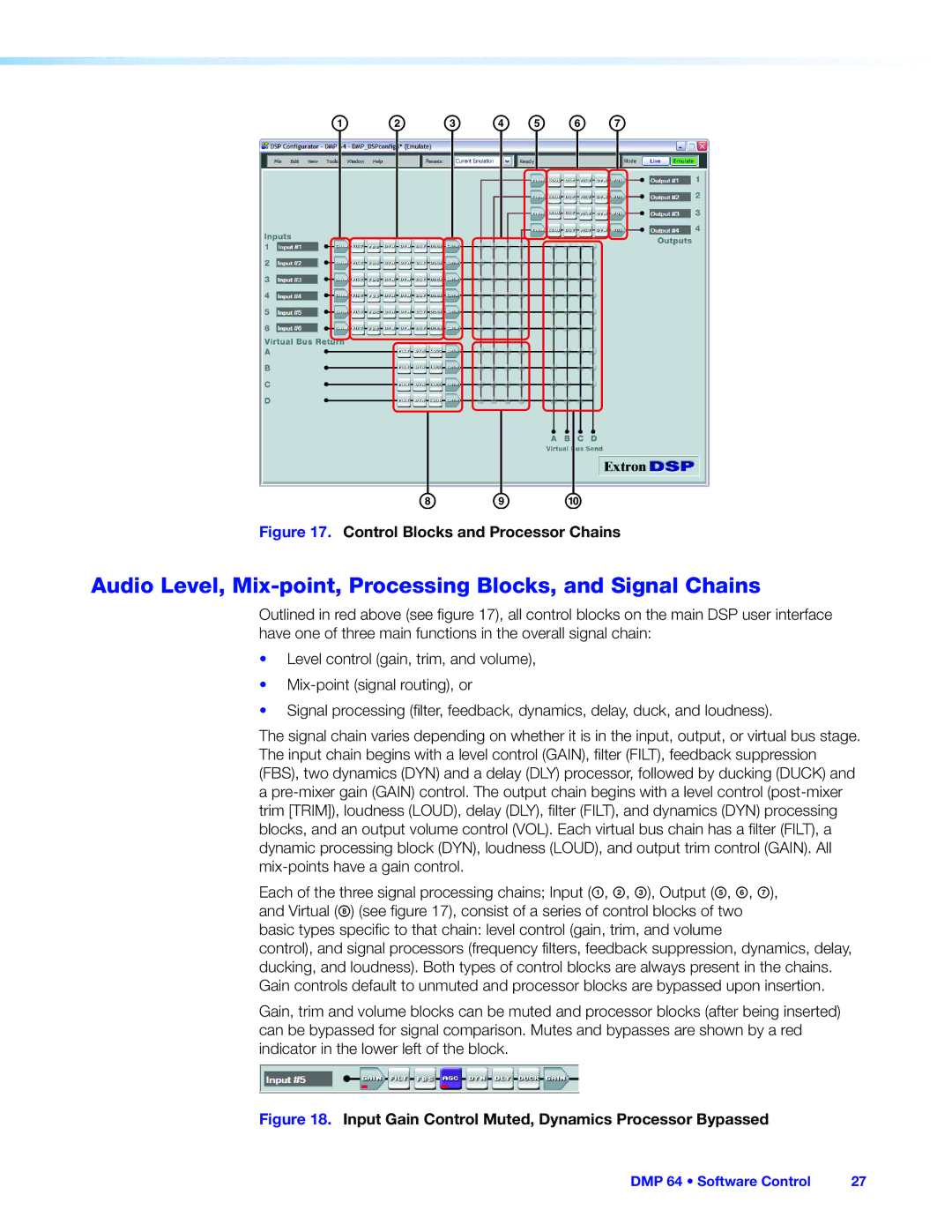 Extron electronic DMP 64 manual Audio Level, Mix-point, Processing Blocks, and Signal Chains 