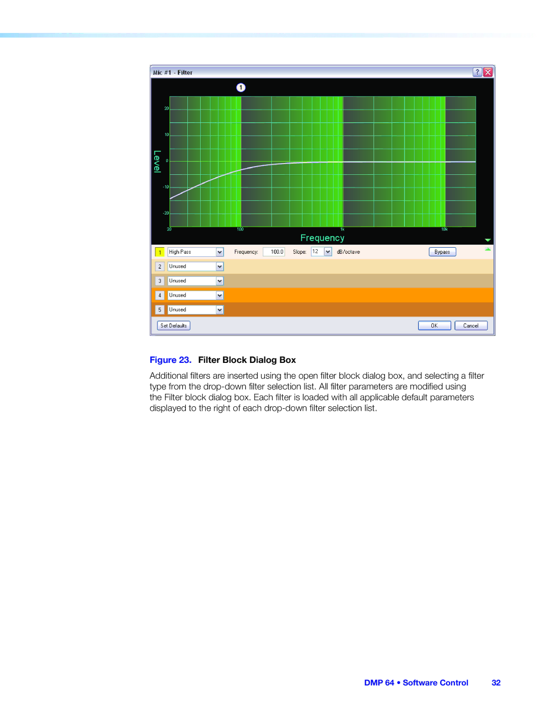 Extron electronic DMP 64 manual Filter Block Dialog Box 