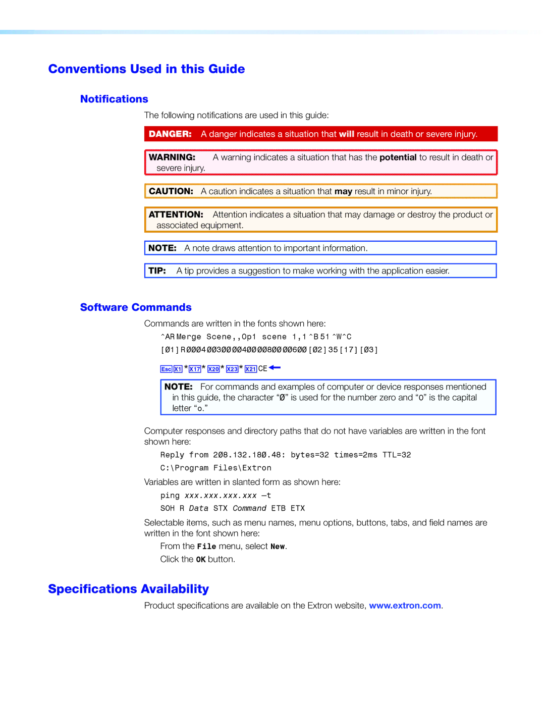 Extron electronic DMP 64 Conventions Used in this Guide, Specifications Availability, Notifications, Software Commands 