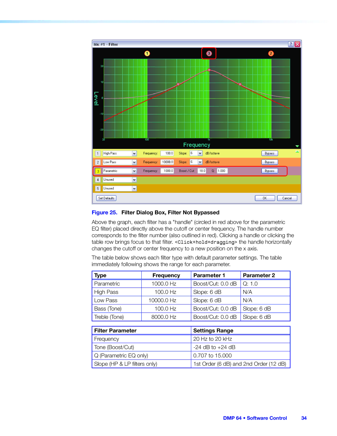 Extron electronic DMP 64 manual Type Frequency Parameter, Filter Parameter Settings Range 