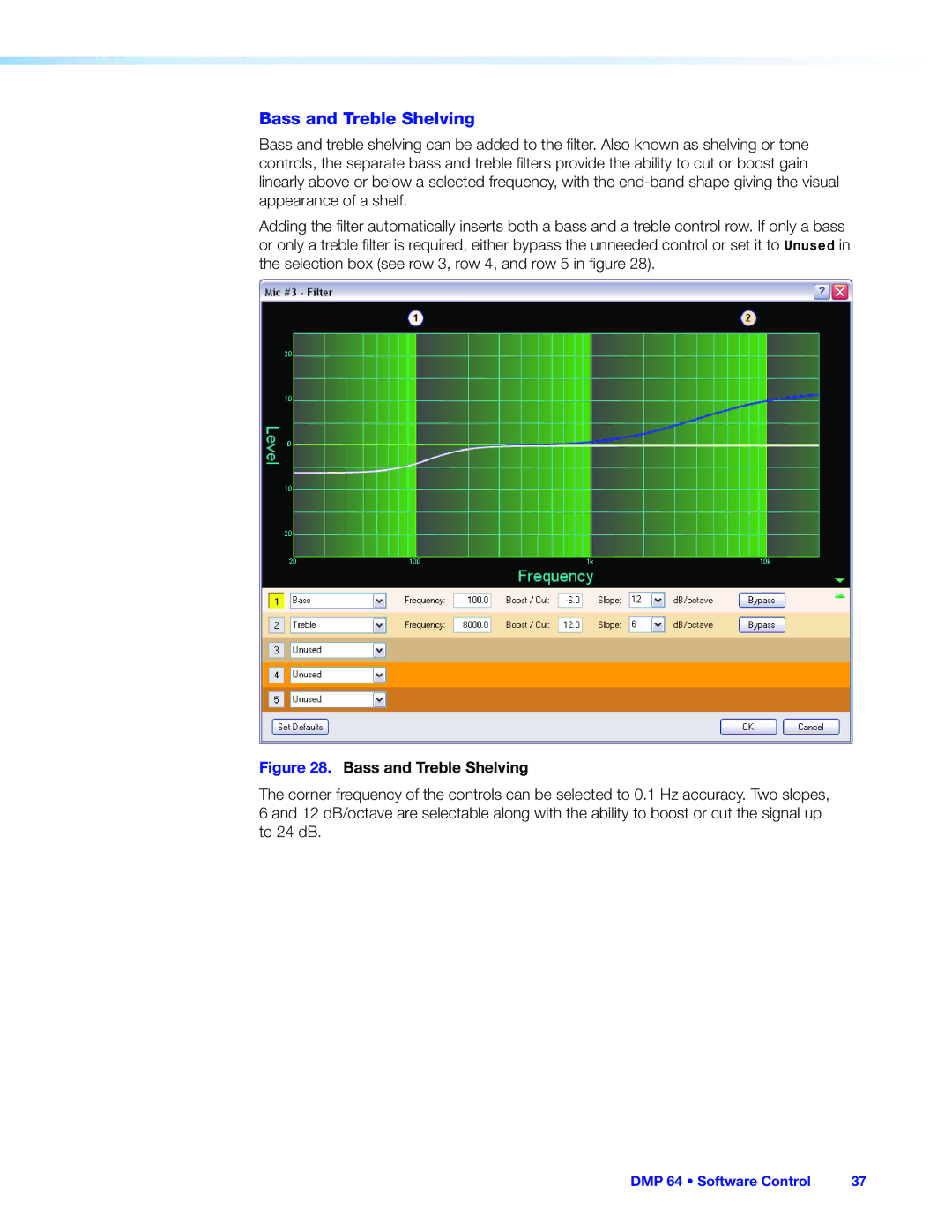 Extron electronic DMP 64 manual Bass and Treble Shelving 