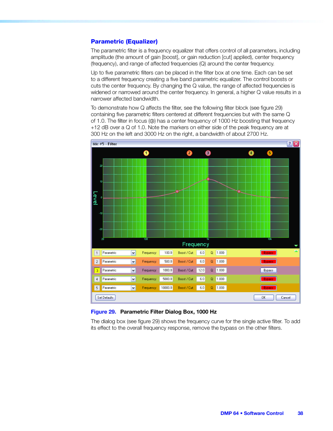 Extron electronic DMP 64 manual Parametric Equalizer, Parametric Filter Dialog Box, 1000 Hz 