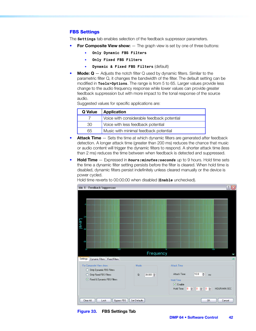 Extron electronic DMP 64 manual FBS Settings, Value Application 