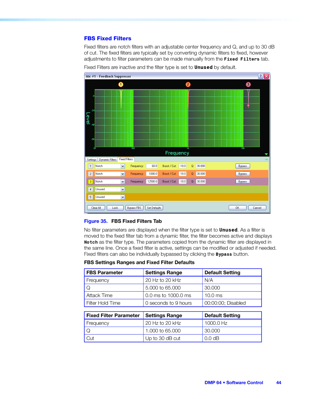 Extron electronic DMP 64 manual FBS Fixed Filters, Fixed Filter Parameter Settings Range Default Setting 