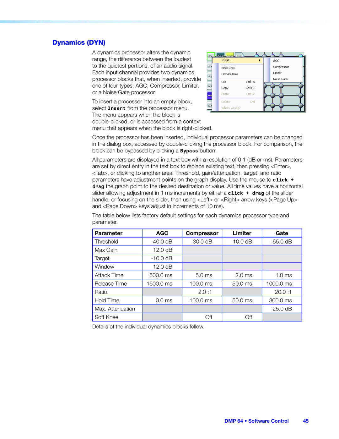 Extron electronic DMP 64 manual Dynamics DYN, Compressor, Limiter, Gate 