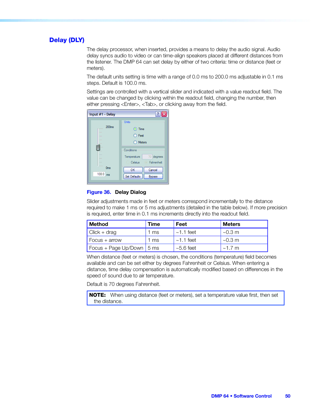 Extron electronic DMP 64 manual Delay DLY, Method Time Feet Meters 