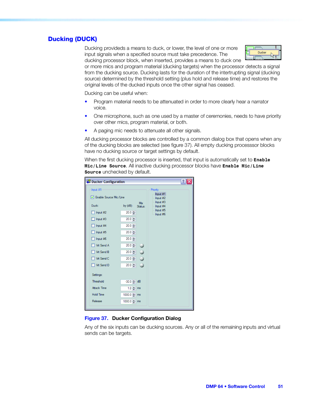 Extron electronic DMP 64 manual Ducking Duck, Ducker Configuration Dialog 