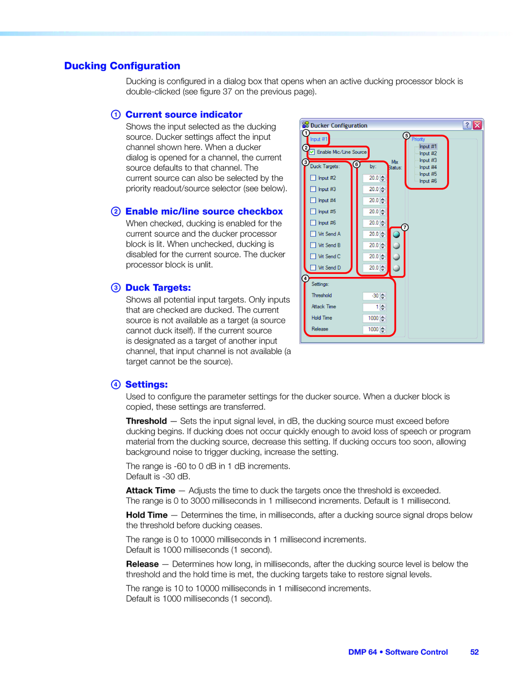 Extron electronic DMP 64 Ducking Configuration, Current source indicator, Enable mic/line source checkbox, Duck Targets 