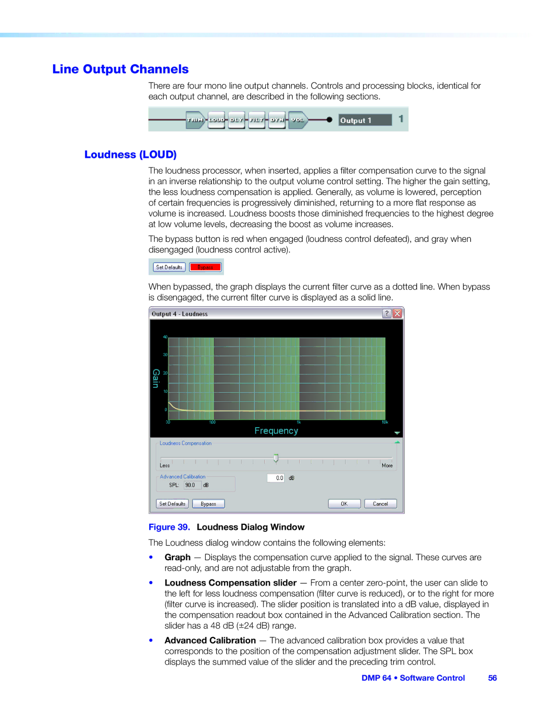 Extron electronic DMP 64 manual Line Output Channels, Loudness Loud 