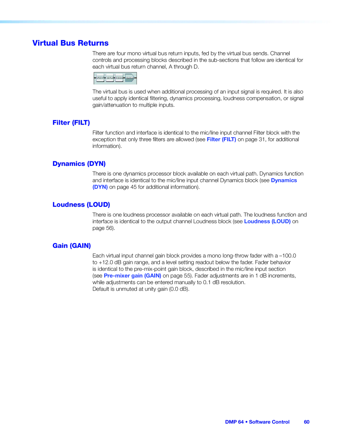 Extron electronic DMP 64 manual Virtual Bus Returns, Gain Gain 