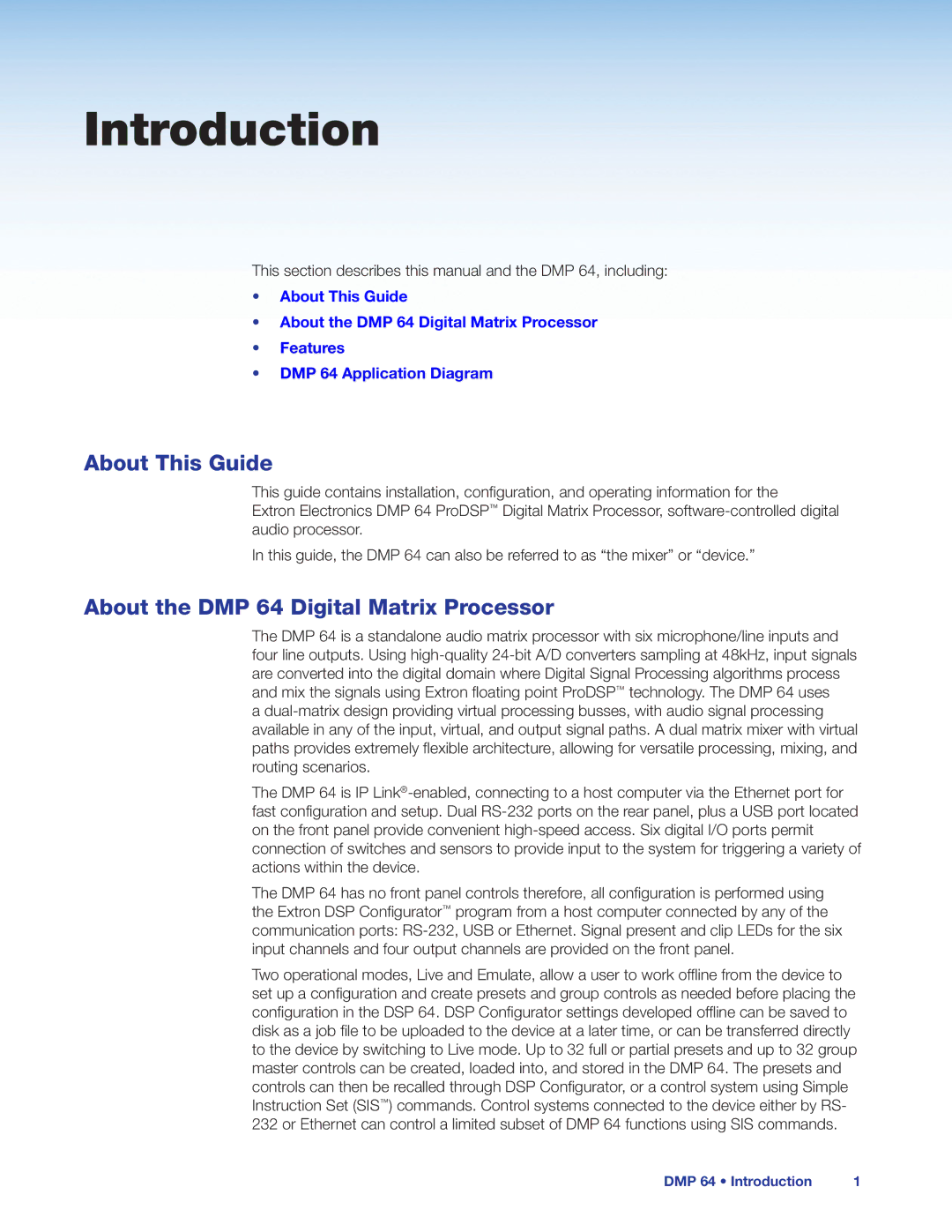 Extron electronic manual About This Guide, About the DMP 64 Digital Matrix Processor 