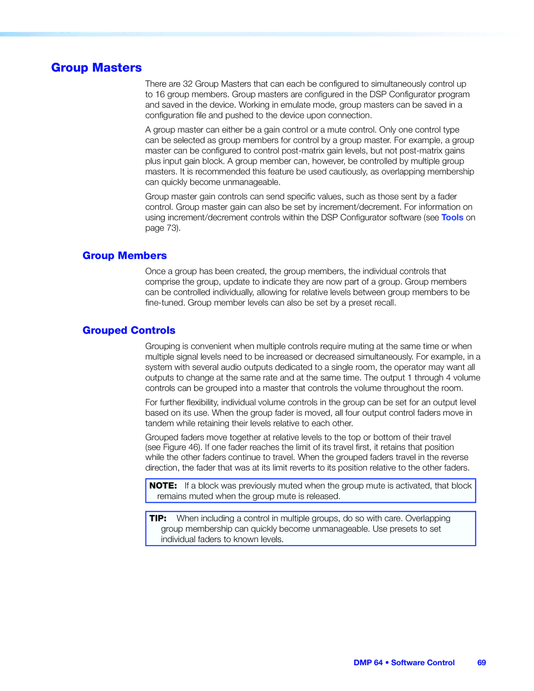 Extron electronic DMP 64 manual Group Masters, Group Members, Grouped Controls 