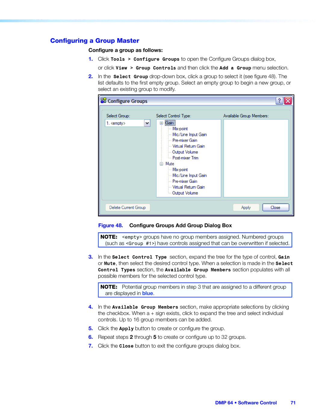 Extron electronic DMP 64 manual Configuring a Group Master, Configure a group as follows 