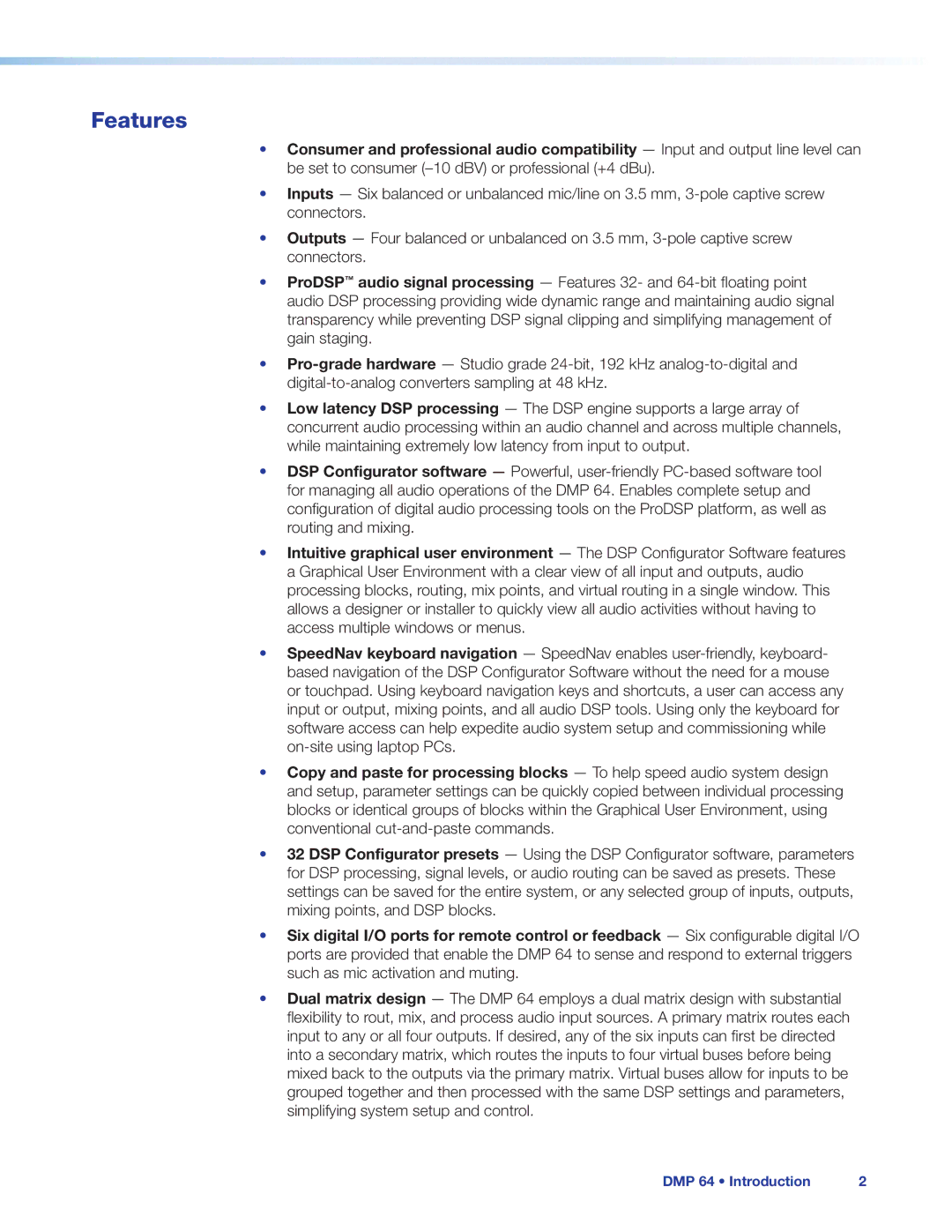 Extron electronic DMP 64 manual Features 