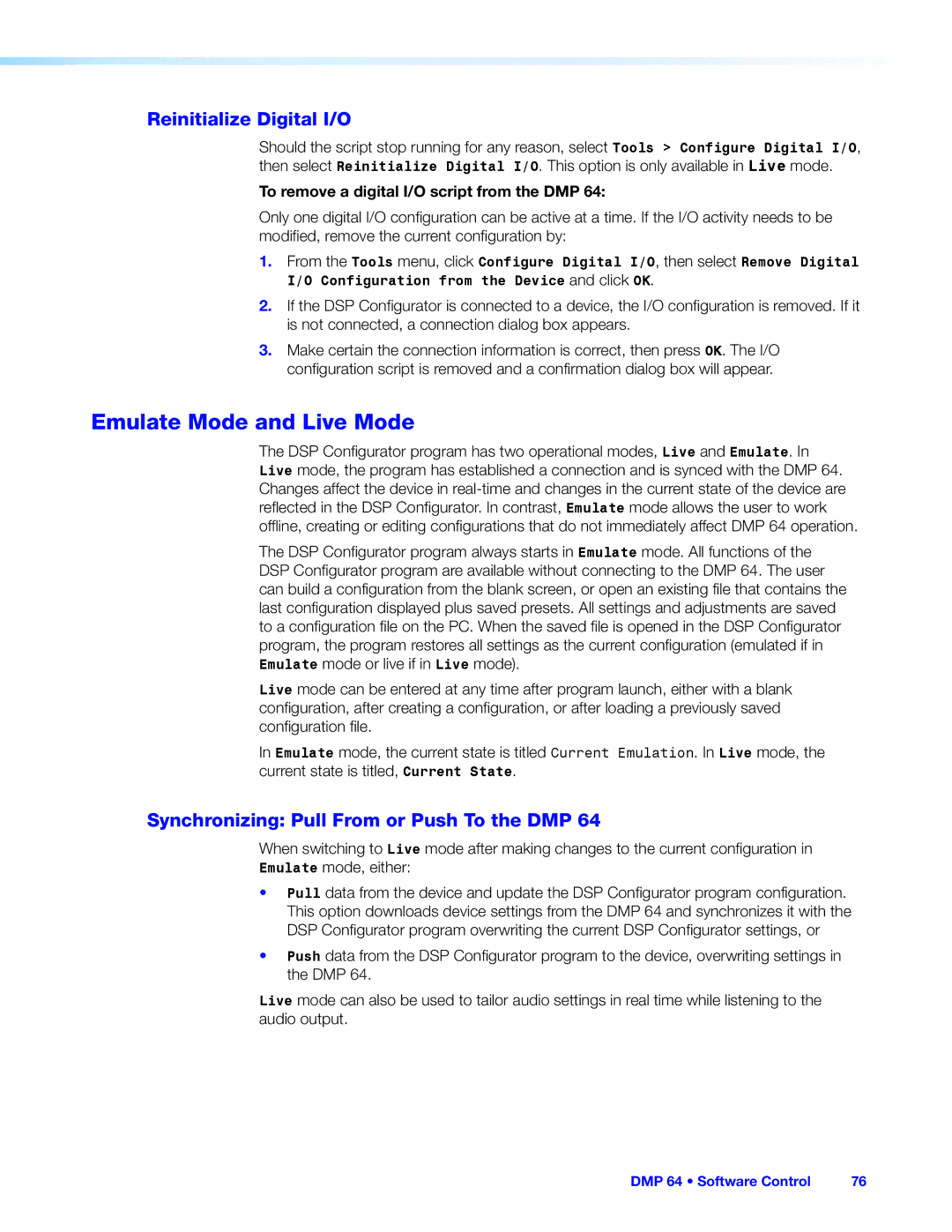 Extron electronic DMP 64 Emulate Mode and Live Mode, Reinitialize Digital I/O, Synchronizing Pull From or Push To the DMP 