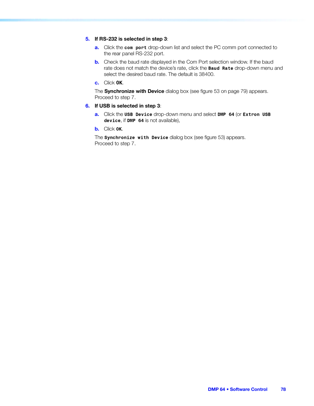 Extron electronic DMP 64 manual If RS-232 is selected in step, If USB is selected in step 