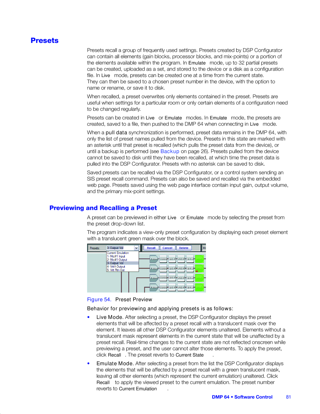 Extron electronic DMP 64 manual Presets, Previewing and Recalling a Preset 