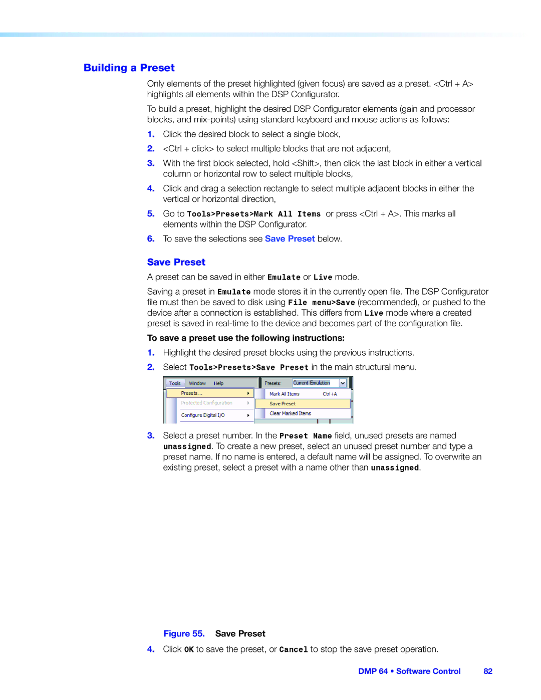 Extron electronic DMP 64 manual Building a Preset, Save Preset, To save a preset use the following instructions 