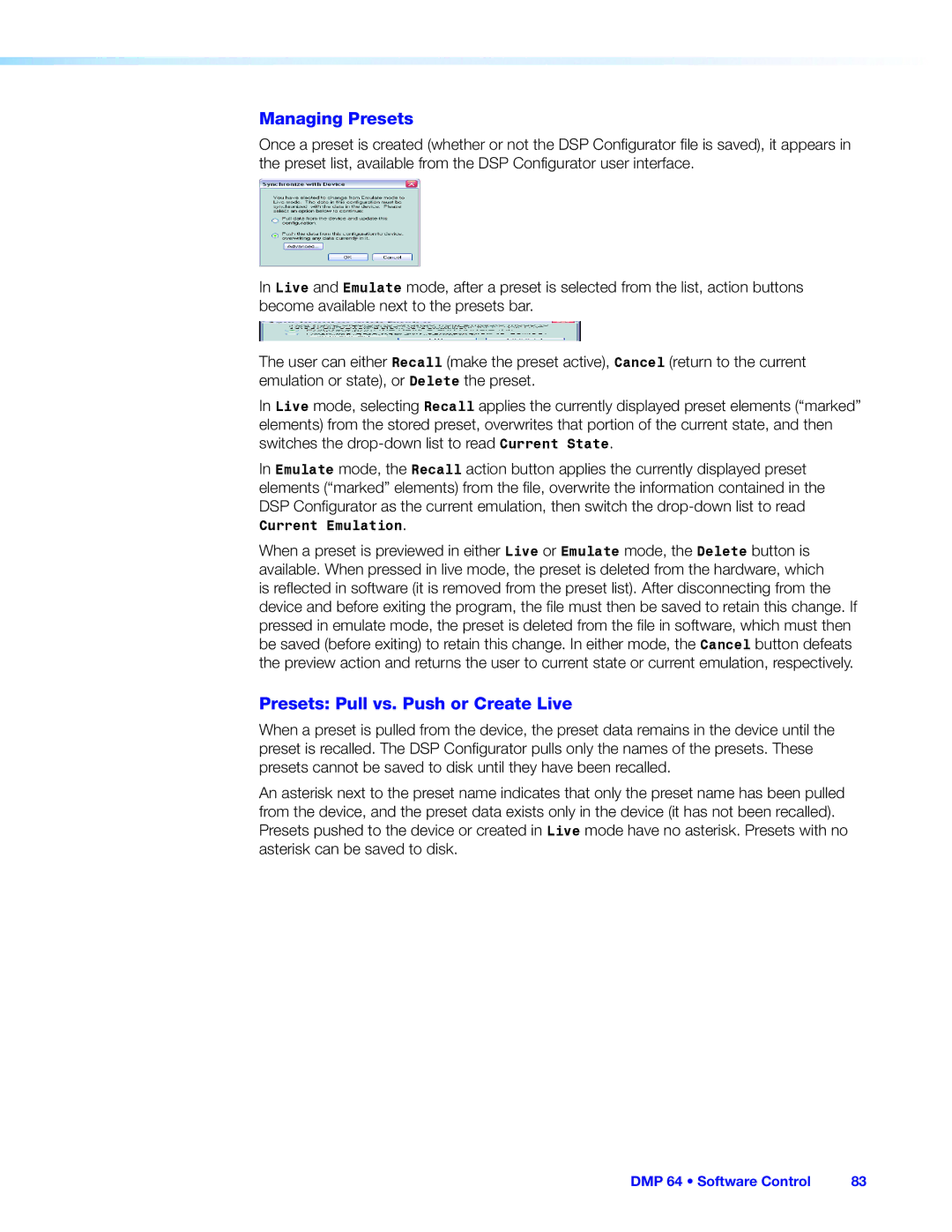 Extron electronic DMP 64 manual Managing Presets, Presets Pull vs. Push or Create Live 