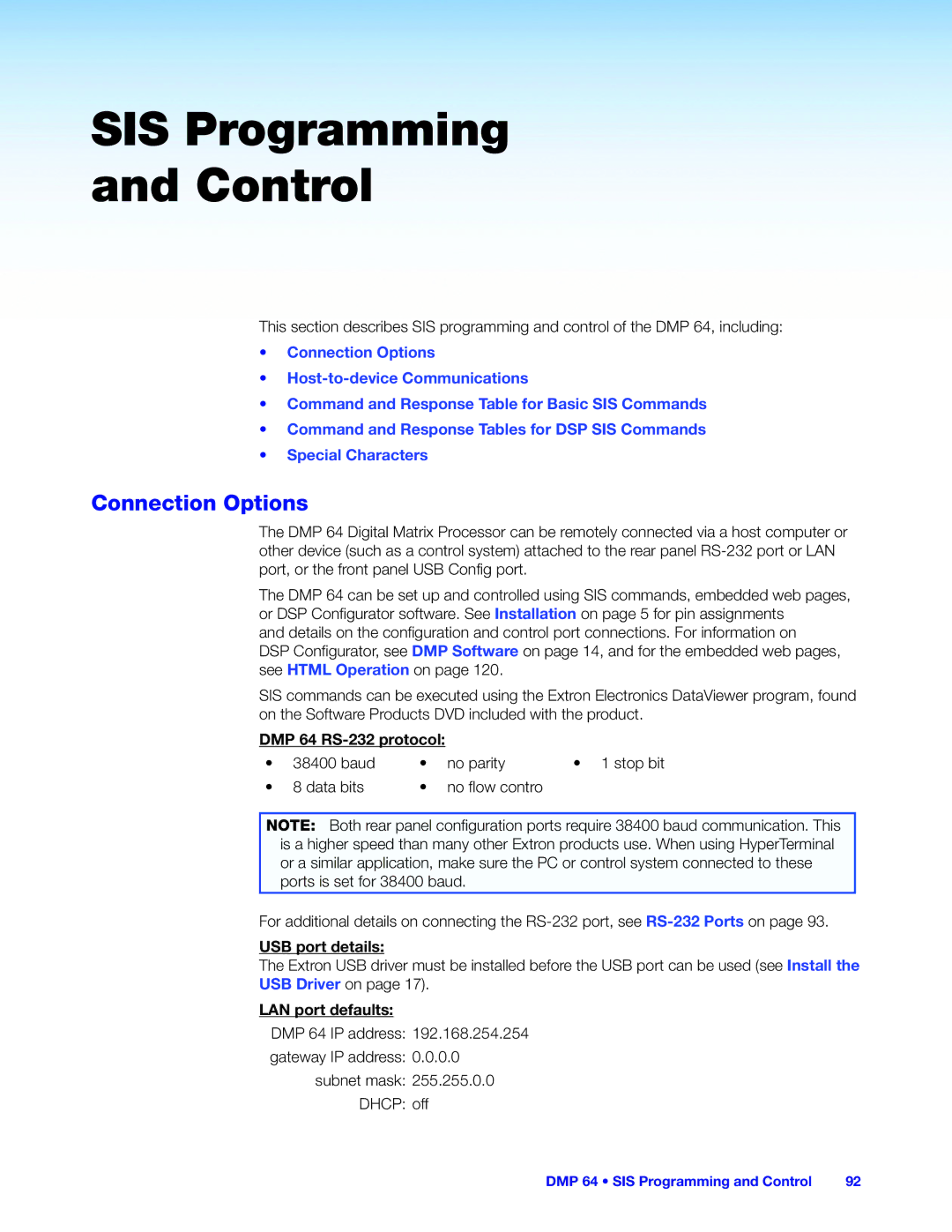 Extron electronic manual Connection Options, DMP 64 RS-232 protocol, USB port details, LAN port defaults 