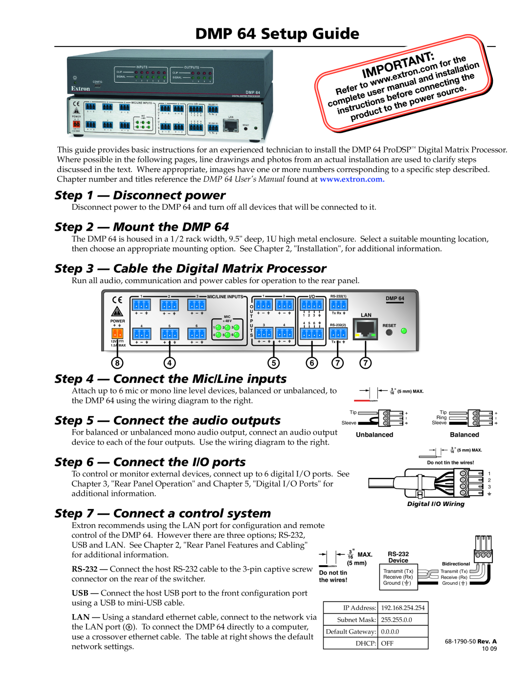 Extron electronic DMP 64 setup guide Disconnect power, Mount the DMP, Cable the Digital Matrix Processor, e f g g 