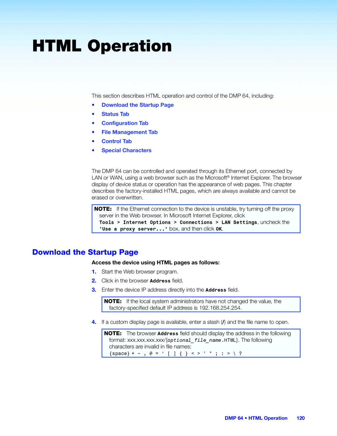 Extron electronic DMP 64 HTML Operation, •Download the Startup Page •Status Tab, •Control Tab •Special Characters 
