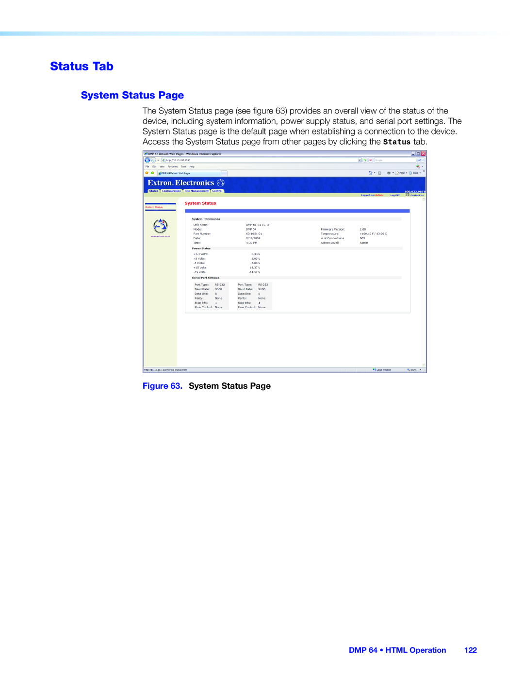 Extron electronic DMP 64 manual Status Tab, System Status Page 