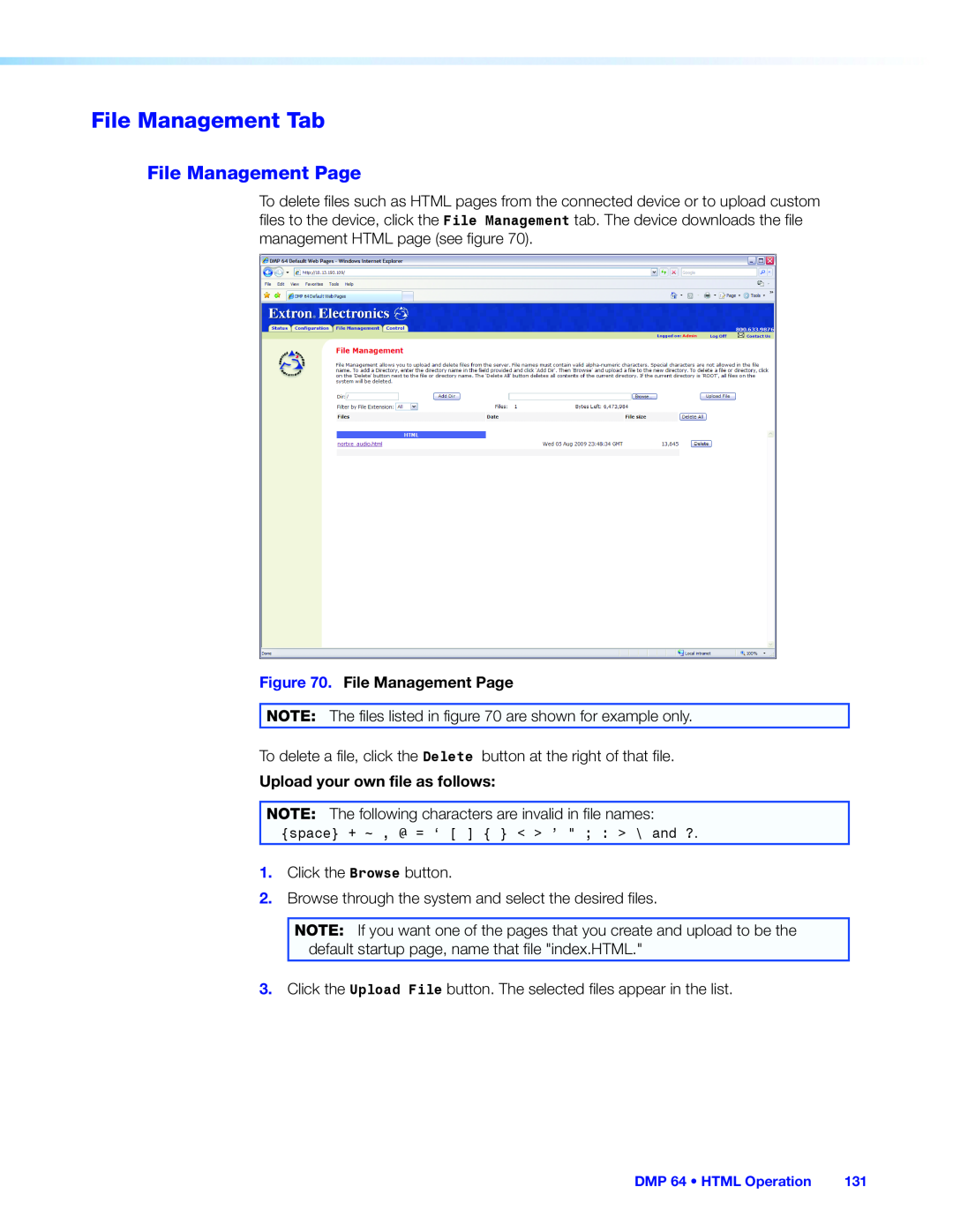 Extron electronic DMP 64 manual File Management Tab, File Management Page, Upload your own file as follows 