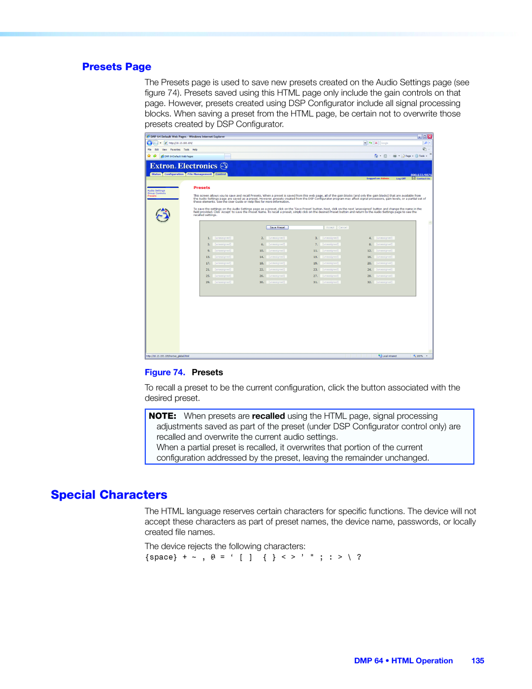 Extron electronic DMP 64 manual Presets Page, Special Characters 