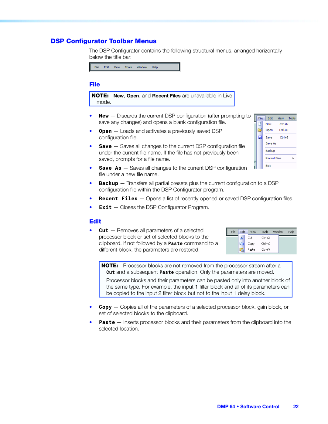 Extron electronic DMP 64 manual DSP Configurator Toolbar Menus, File, Edit 