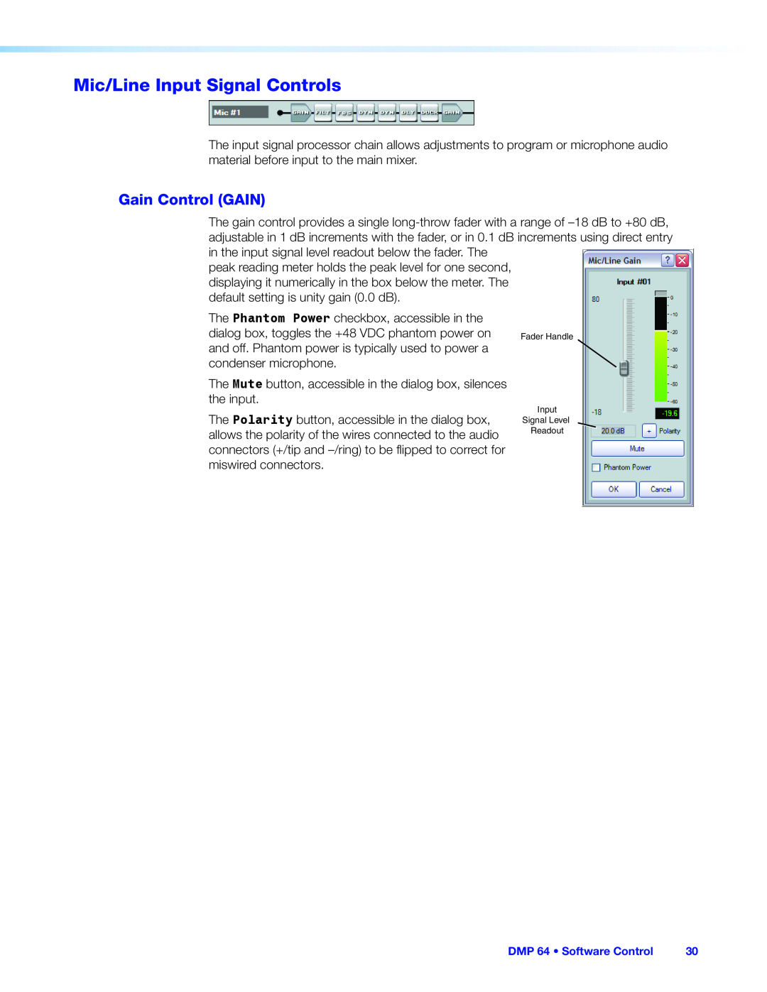 Extron electronic DMP 64 manual Mic/Line Input Signal Controls, Gain Control GAIN 