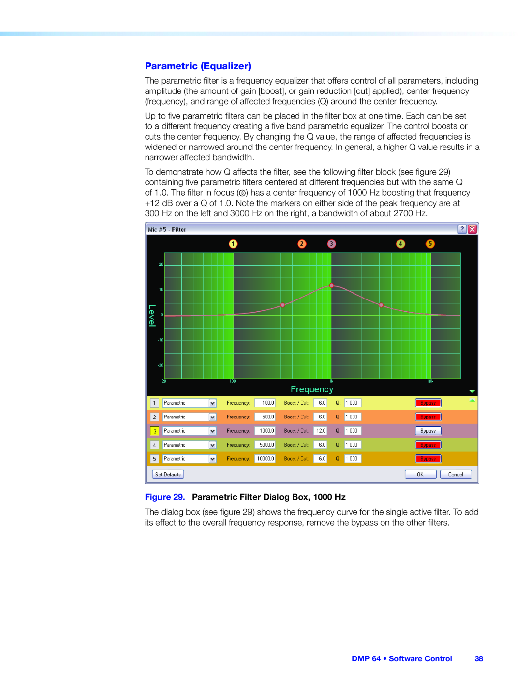 Extron electronic DMP 64 manual Parametric Equalizer, Parametric Filter Dialog Box, 1000 Hz 