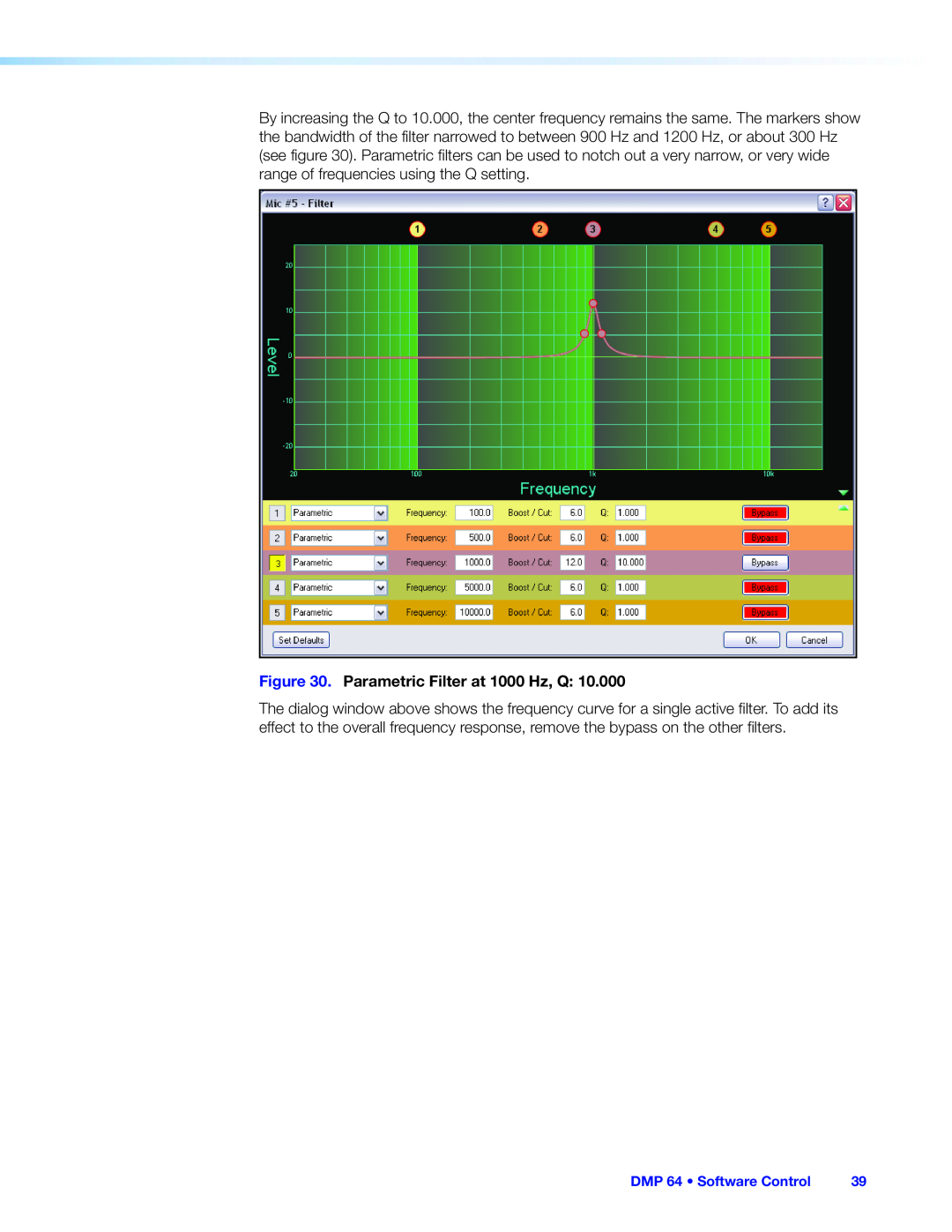 Extron electronic manual Parametric Filter at 1000 Hz, Q, DMP 64 • Software Control 