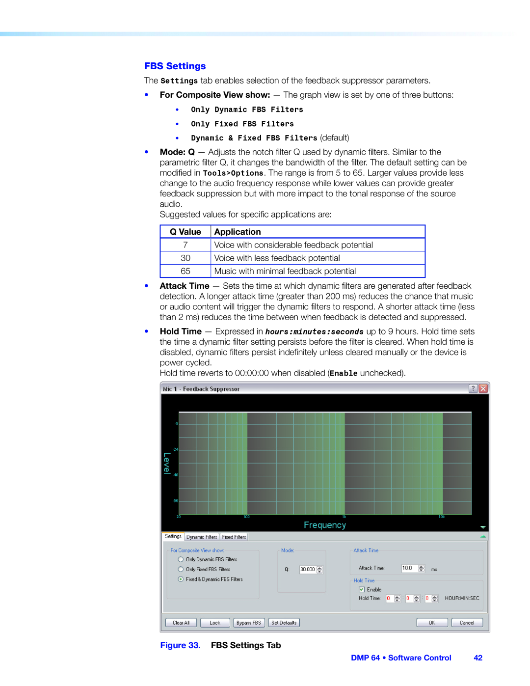 Extron electronic DMP 64 manual Q Value Application, FBS Settings Tab 