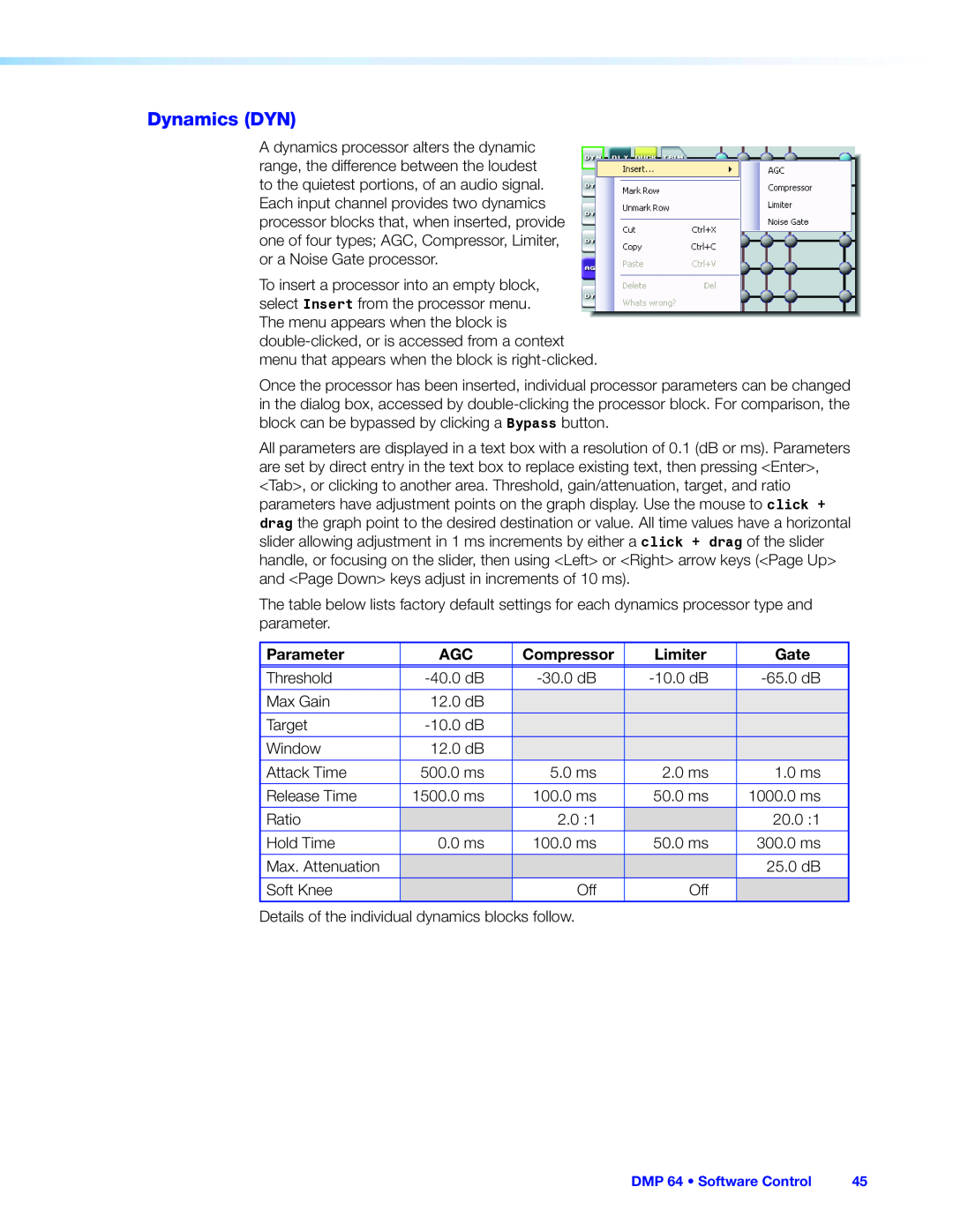Extron electronic DMP 64 manual Dynamics DYN, Parameter, Compressor, Limiter, Gate 
