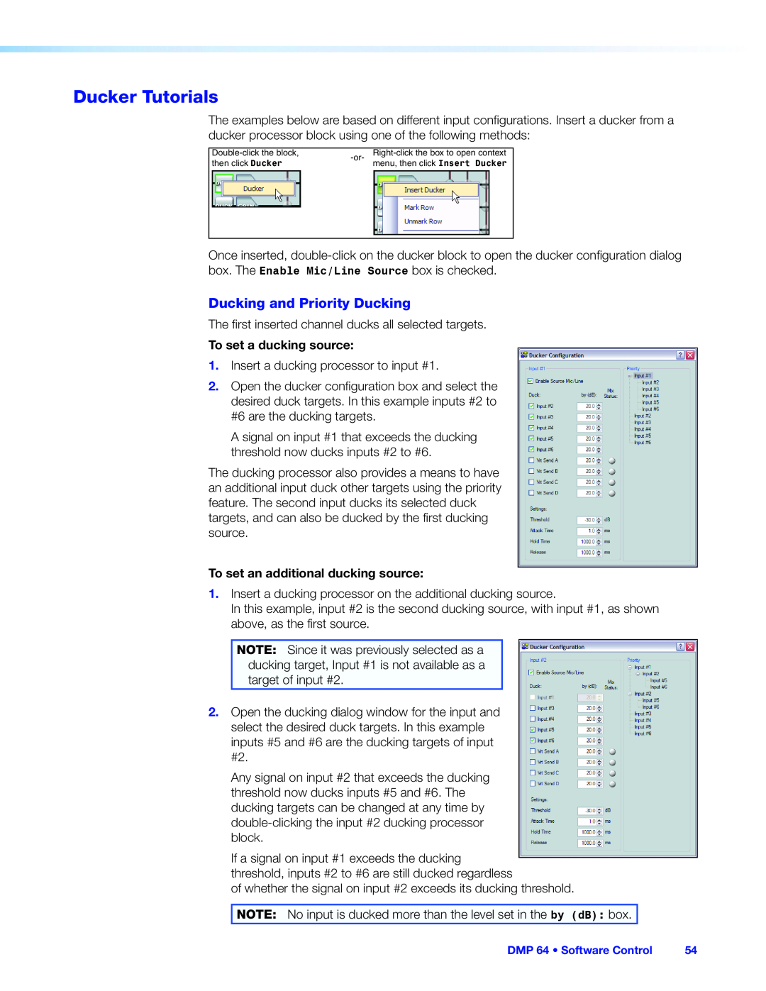 Extron electronic DMP 64 manual Ducker Tutorials, Ducking and Priority Ducking, To set a ducking source 