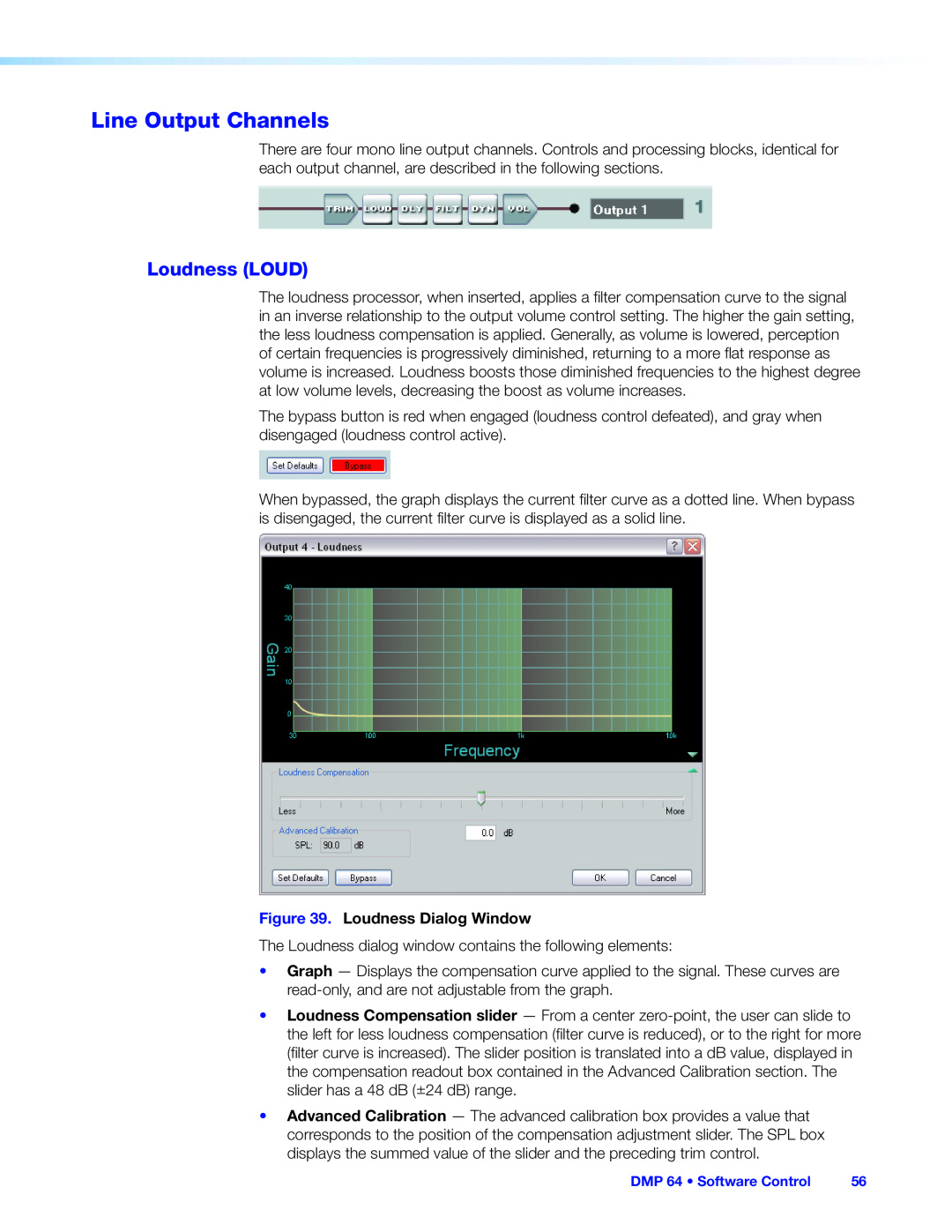 Extron electronic DMP 64 manual Line Output Channels, Loudness LOUD, Loudness Dialog Window 