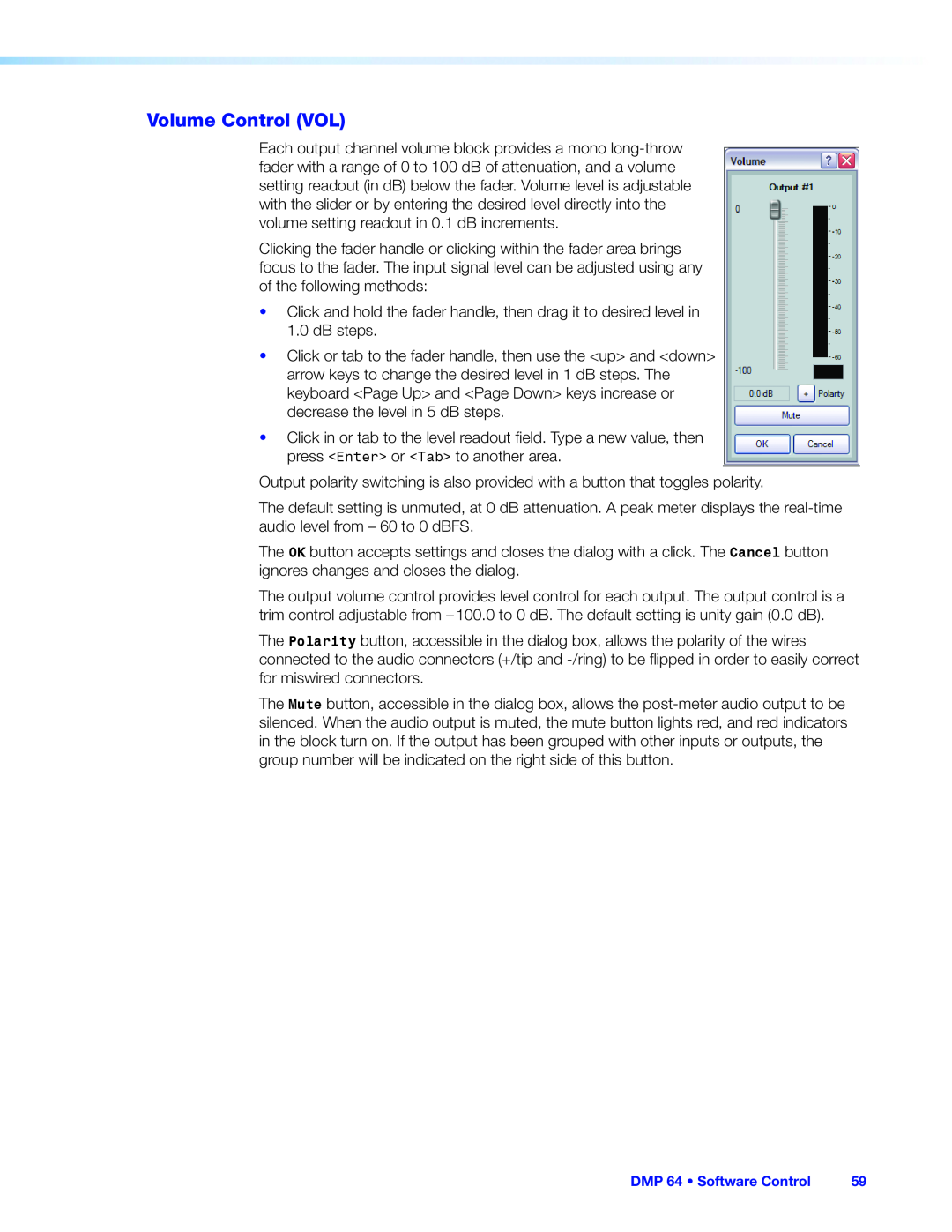 Extron electronic manual Volume Control VOL, DMP 64 • Software Control 