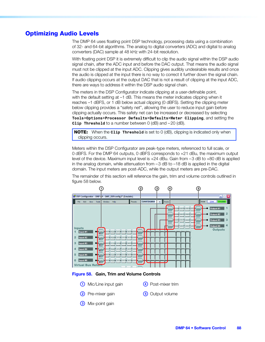 Extron electronic DMP 64 manual Optimizing Audio Levels, b c d, Gain, Trim and Volume Controls 