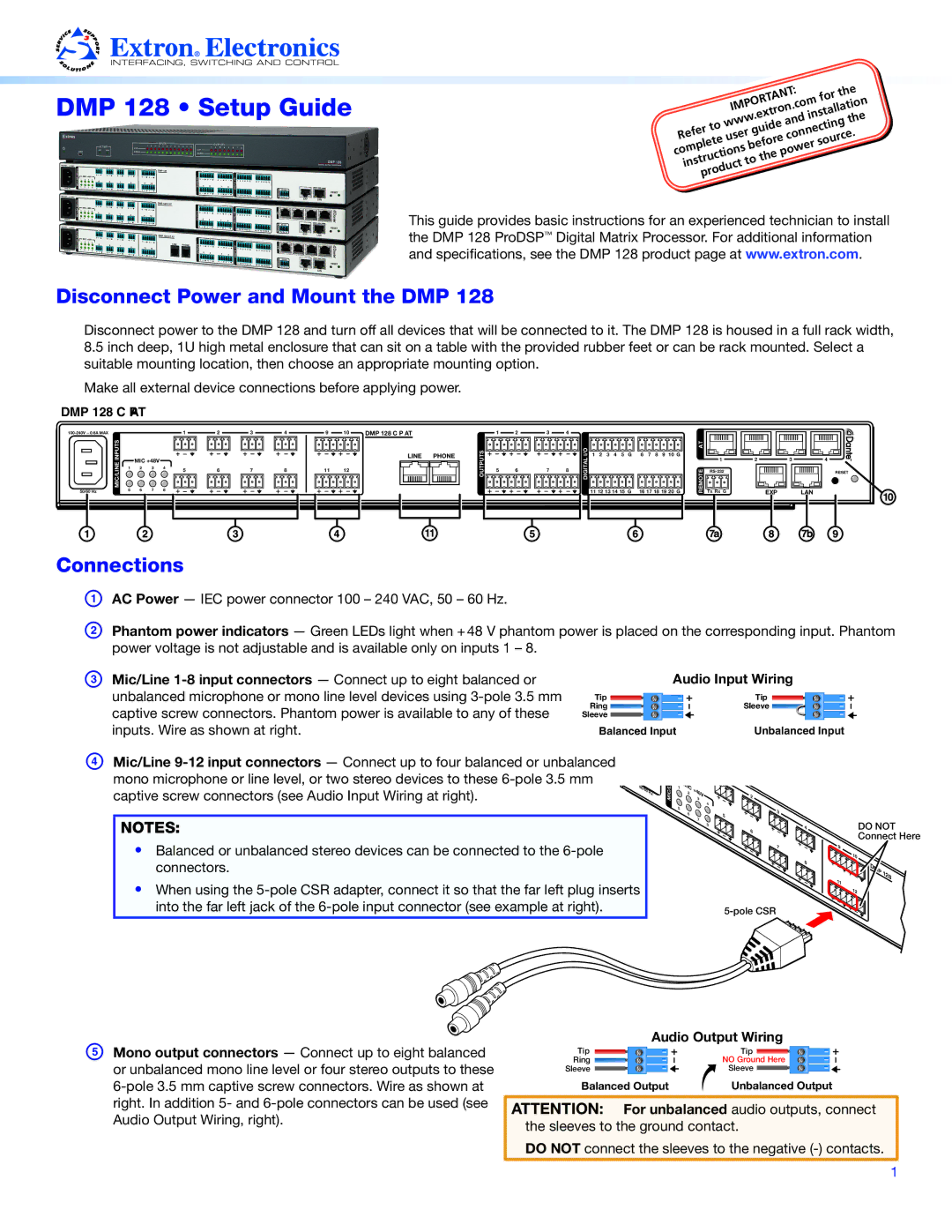 Extron electronic DMP128 installation instructions Disconnect Power and Mount the DMP, Connections, Audio Input Wiring 