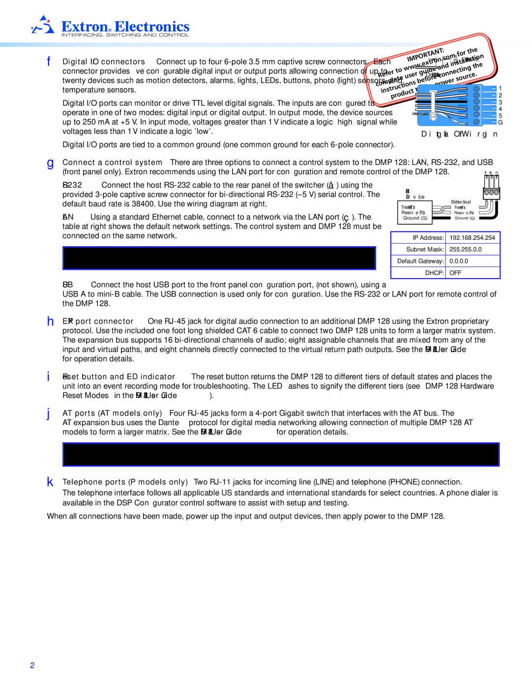 Extron electronic DMP128 installation instructions Digital I/O Wiring 