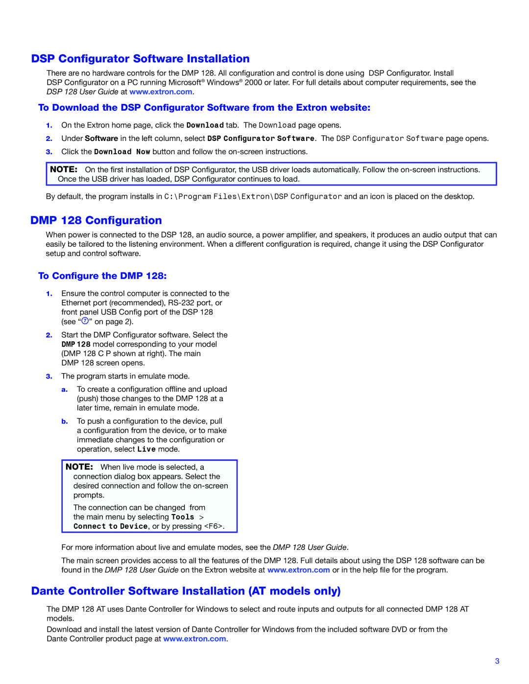 Extron electronic DMP128 installation instructions DSP Configurator Software Installation, DMP 128 Configuration 