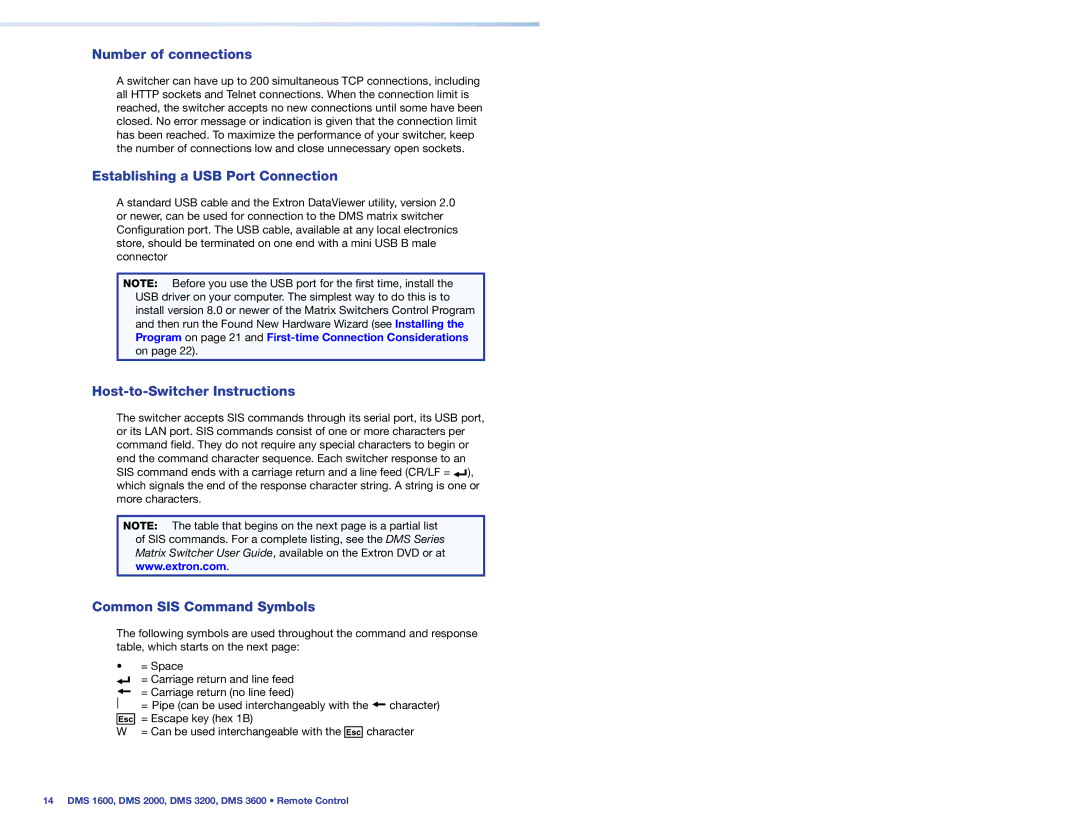 Extron electronic DMS 3200 Number of connections, Establishing a USB Port Connection, Host-to-Switcher Instructions 