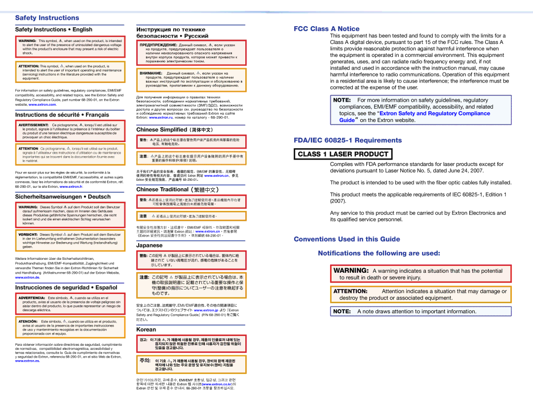 Extron electronic DMS 1600, DMS 3600, DMS 2000 Safety Instructions, FCC Class a Notice, FDA/IEC 60825-1 Requirements 