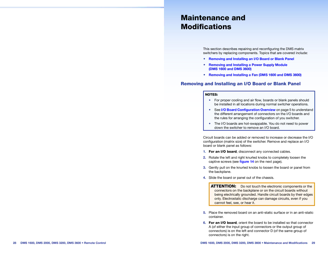 Extron electronic DMS 3600, DMS 2000 Maintenance Modifications, Removing and Installing an I/O Board or Blank Panel 