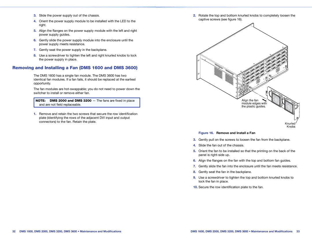 Extron electronic DMS 3600, DMS 2000, DMS 3200 Removing and Installing a Fan DMS 1600 and DMS, Remove and Install a Fan 
