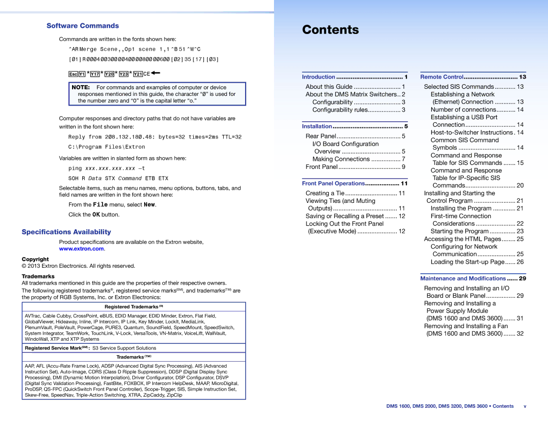 Extron electronic DMS 3200, DMS 3600, DMS 2000, DMS 1600 setup guide Contents 