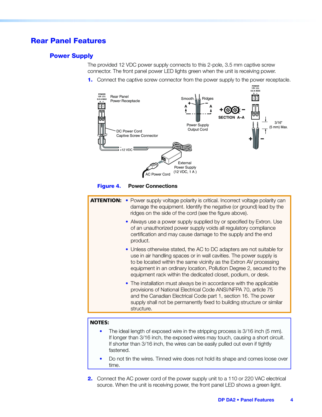 Extron electronic DP DA2 manual Rear Panel Features, Power Supply 